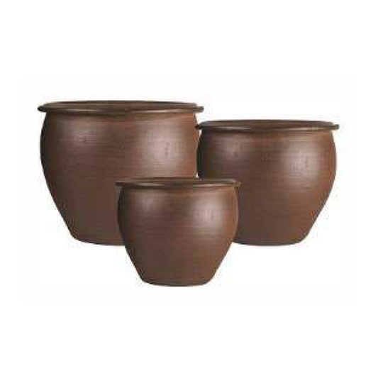 BROWN TERRACOTTA ROUNDED PLANTERS - SET OF 3
